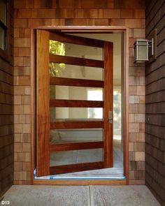 a wooden door with glass on the outside