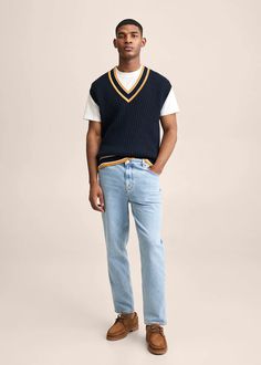 Cotton varsity vest - Man | Mango Man Netherlands Varsity Design, Summer Outfits Men, The Model, Mens Vest, Sweater Cardigan, Fall Outfits, Cool Outfits, Long Sleeve Tops