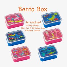 "Personalized Bento Box, food storage, lunch box storage, kids lunch box accessories Sliding divider BPA, PVC & phthalate-free Available in both boys and girls designs Rounded corners Perfect for treats, healthy snacks and so much more! Top rack dishwasher and microwave safe. Secure snap edges & a clear top are handy for kids & parents both, & an airtight seal keeps food fresh! HIGH QUALITY: BPA, phthalate, & PVC free, each box measures 7.125\"x 5.25\"x 2\", PERFECTLY SIZED: Each box is a great Sliding Divider, Back To School Food, Lunch Box Accessories, Packing School Lunches, Personalized School Supplies, Box Food, Clear Top, School Food, Lunch Box Recipes