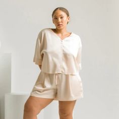 Bamboo Sateen Short Sleeve Shirt - 100% Bamboo Lyocell | ettitude Silk Loungewear, Tagua Nuts, Bamboo Design, Sustainable Fabric, Silk Shorts, Lounge Shorts, Loungewear Shorts, Sustainable Fabrics, Pajama Shorts