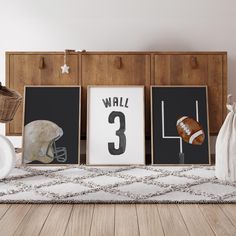 three framed sports pictures on a rug in front of a wall with the number 3 and football