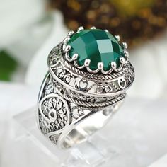 "This sterling silver filigree dome women statement ring with natural green agate is the perfect gift for any occasion. The ring is made of 925 sterling silver and features a beautiful 12.00 mm cabochon round-cut natural green agate gemstone. Gorgeous lace detailed embroidery design with green stone will attract all eyes on you. It is going to be best option for thanksgiving gift, anniversary gift, Christmas gift, new year gift, valentine`s day or mother`s day gift. It also going to be one of yo Emerald Filigree Ring Gift, Emerald Ring With Filigree For Gift, Filigree Ring For May Birthstone Gift, May Birthstone Filigree Ring Gift, Round Emerald Ring With Filigree For Gift, Round Emerald Ring With Filigree As Gift, Green Filigree Ring With Intricate Design For Gift, Green Filigree Ring With Intricate Design As Gift, Green Filigree Ring For Gift With Intricate Design