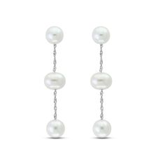 Lustrous freshwater cultured pearls dangle elegantly in these luxurious women's drop earrings. Fashioned in 14K white gold, the earrings secure in place with friction backs. From the Lali Jewels Collection. Anniversary White Gold Pearl Chain Earrings, White Gold Akoya Pearl Dangle Earrings, White Gold Dangle Pearl Earrings Fine Jewelry, White Gold Dangle Pearl Earrings With Pearl Chain, White Gold Dangle Pearl Chain Earrings, White Gold Dangle Pearl Earrings, Elegant Hypoallergenic Briolette Earrings, Classic White Gold Earrings With Pearl Chain, Classic Briolette Pearl Earrings