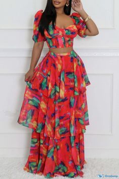 OrcaJump - Ruffled Elegance A Pair of Floral Masterpieces Two Piece Outfits Skirt And Top, African Clothes Styles, Plus Size Puerto Rico Outfits, Two Piece Skirt Set Classy, Two Piece Skirt Set Crop Tops, Skirt And Top Outfits, Flowy Dress Formal, Two Piece Outfits Skirt, Ankara Skirt Styles