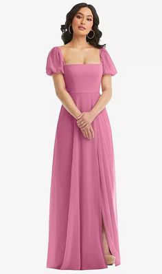 Puff Sleeve Chiffon Maxi Bridesmaid Dress With Front Slit In Orchid Pink | The Dessy Group Bridesmaid Dresses With Sleeves, Maxi Bridesmaid Dresses, Infinity Dress, Dress Order, Blue Bridesmaid Dresses, Wedding Checklist, Blue Bridesmaids, Chiffon Maxi, Chiffon Maxi Dress