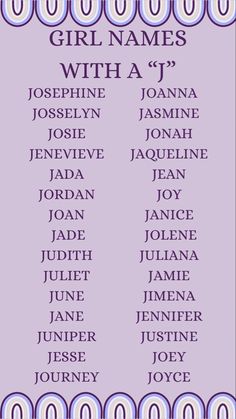 a purple and white poster with the names of girls names on it's side