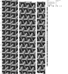 three rows of black and white squares with different patterns on the same side, one in grey