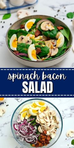 spinach bacon salad with hard boiled eggs and mushrooms in a bowl on a marble table