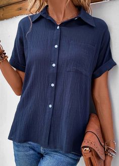 Button-up Vacation Shirt, Casual Button-up Blouse With Placket, Beach Cotton Blouse With Collar, Collar Beach Blouse In Cotton, Vacation Button-up Shirt With Button Cuffs, Summer Button-up Tops With Buttoned Pockets, Solid Button-up Blouse With Placket, Button-up Summer Tops With Buttoned Pockets, Cotton Vacation Blouse With Collar