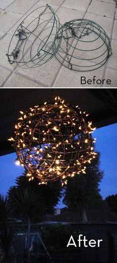 the before and after pictures of a light fixture that has been decorated with christmas lights