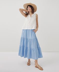 Light Blue Skirts, Sunset Light, Stripe Skirt, Blue Skirt, Tier Skirt, Pants Pattern, Tiered Skirt, Summer Looks, Fair Trade