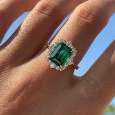 Yellow Gold Sona Diamond Halo Emerald Cut Engagement Ring Emerald Round Engagement Ring, Engagement Rings Smaragd, Emarld Wedding Rings, Emerald Stone Engagement Ring, Halo Emerald Cut Engagement Ring, Sapphire Wedding Ring Set, Emerald Cut Engagement Ring Halo, Emerald Engagement Ring Green, Vintage Emerald Engagement Ring