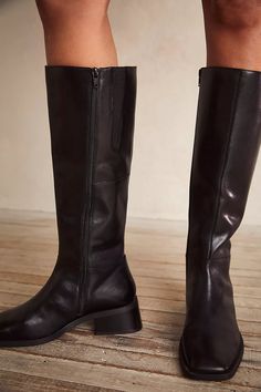 Vagabond Blanca Tall Boots | Free People Square Toe Flat Knee High Boots, Slouchy Knee High Boots, Knee Length Black Boots, Black Skirt With Brown Boots, Mid Rise Boots Outfit, Knee High Square Toe Boots, Square Toe Tall Boots, Sophisticated Alternative Fashion, Black Flat Leather Boots