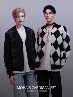 two people standing next to each other in front of a gray background with the words mohair cardigan set