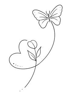 a heart shaped flower with a butterfly on it's wing, drawn in black and white