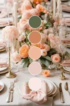 an image of a table setting with flowers and candles in the center, including pink peonies