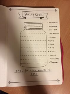 a notebook with a drawing of a mason jar on the front and back pages labeled saving goals