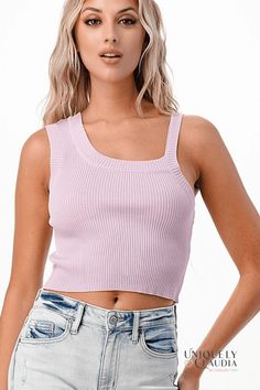 Our Sarah Sleeveless Crop Tank Top is perfect basic with a stylish twist! This all-season not your typical ribbed top is one-size (fits small - large) and it has a regular and an uneven strap, cute and sexy. It is 65% Cotton, and 35% Polyester with tons of stretch, and it comes in two beautiful colors: Lavender and Sky. Solid Color Tank Top For Day Out, Trendy Ribbed Scoop Neck Tank Top, Ribbed Tank Top For Day Out, Chic Pink Ribbed Tank Top, Chic Ribbed Solid Color Tank Top, Chic Solid Ribbed Tank Top, Chic Solid Color Ribbed Tank Top, Spring Solid Ribbed Tank Top, Trendy Seamless Spring Tops