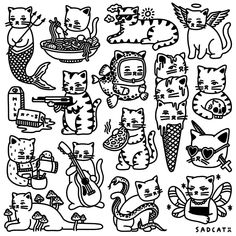 black and white drawing of cats with different designs on their faces, in various poses