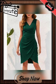 Green V Neck Sleeveless Asymmetric Hem Party Dress Sleeveless Green Midi Dress For Party Season, Elegant Sleeveless Dress With Asymmetrical Hem For Party, Asymmetrical Sleeveless Dress For Spring Party, Draped Sleeveless Dress For Summer Nights, Summer Draped Sleeveless Dress For Night Out, Asymmetrical Hem Sleeveless Summer Dress, Fitted Draped Sleeveless Dress For Party, Asymmetrical Sleeveless Dress For Summer Cocktail, Green Sleeveless Asymmetrical Evening Dress