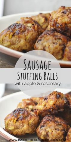 sausage stuffing balls with apple and rosemary on a white plate, next to the recipe title