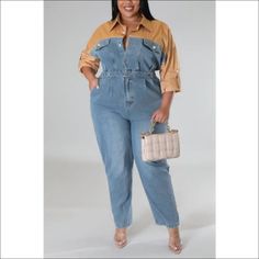 Look effortlessly cool in our Plus Size Poppin My Collar Denim Jumpsuit. With its classic design and contemporary details, you'll be rockin' the streets in style. So don't be shy and show it off —it's time to poppin' your collar! Ships Worldwide Decoration Button , Zip Up , Pockets Length Ankle-Length Style Casual Fabric Non-Stretch Fabric Type Denim , Blended fabrics Material Polyester , Lanon Neckline Turn-down Collar Pattern Type Colorblock , Patchwork Season Spring / Autumn Sleeve Length Ful Fall Light Wash Denim Jumpsuit With Pockets, Fall Light Wash Jumpsuits And Rompers With Pockets, Fall Light Wash Denim Overall Jumpsuit, Light Wash Denim Overall Jumpsuit For Fall, Light Wash Denim Overalls For Fall, Trendy Light Wash Overalls For Fall, Fall Denim Jumpsuits And Rompers With Pockets, Chic Medium Wash Jumpsuits And Rompers For Fall, Casual Fall Denim Jumpsuit In Medium Wash