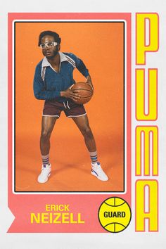 an old school basketball card with a man holding a ball in front of the camera