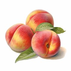 three peaches with green leaves on white background