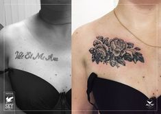 two photos one showing the same woman's chest and another shows her upper half with flowers on it