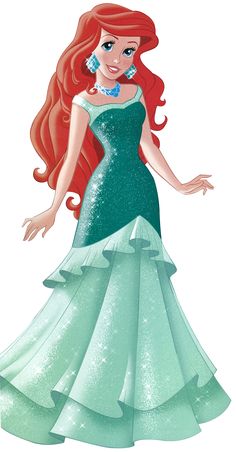 ariel from the little mermaid is wearing a green dress and tiara with long red hair