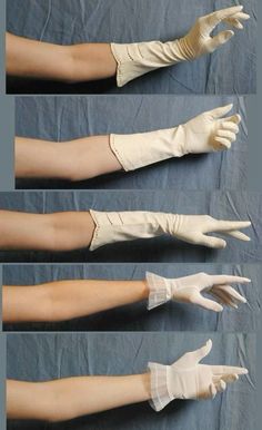 four images of hands with white gloves on them, and one showing the fingers in different positions