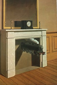 a painting of a train coming out of a fireplace with a clock on top of it