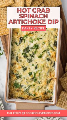 a casserole dish with spinach and artichoke dip in the middle