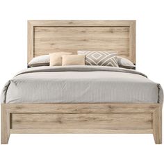 a bed with wooden headboard and pillows on it's sides, against a white background