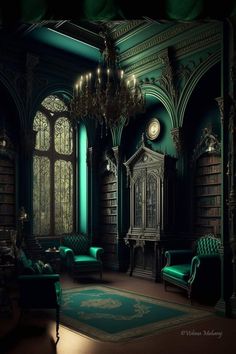 a room with green furniture and a chandelier