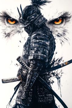 a drawing of a person with two swords and an owl's eyes are in the background