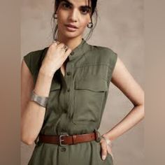 This Utility Romper Has Such A Cool Rustic Look And Feel With Cape Design On The Back. Can Style With A Belt In The Cover Image. Rich Army Green Color. Can Go A Long Way! High Quality Tencel- Cool Breathable And Lightweight! Size 12 Brand New Condition Utility Romper, Army Green Dress, Cape Designs, Army Green Color, Cover Image, Brown Leather Belt, Banana Republic Factory, Leather Belt, Green Dress