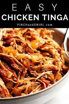 an easy chicken tinga recipe in a skillet with the title text overlay