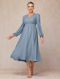 Dusty_Blue Wedding Guest Dresses Long, Royal Clothes, Mother Of The Groom Dress, White Wisteria, Long Sleeves Dress, Dress Dusty, Sleeves Dress, Mother Of The Bride Dress, Back Details