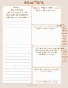 This worksheet is designed to help people with ADHD and similar executive function challenges to work through the overwhelm that comes from not knowing what to focus on. It can help to navigate underfocus or hypnotics. It can help when there are too many thoughts swirling around, making it hard to take any action.  Please note, this is a digital product. No physical product will be sent. Please double check that your print settings when printing. Thank you for being here. Neurodivergent Worksheets, Executive Functioning Activities Teens, Executive Functioning Worksheets, Executive Function, Time Management Worksheet, Executive Functioning Strategies, Counseling Worksheets, Mental Health Activities, Journal Inspiration Writing