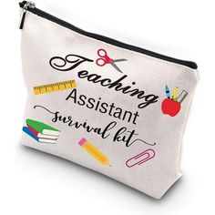 a white zipper bag with writing and school supplies on the front that says teaching assistant survival kit