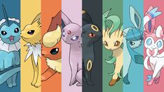 four different colored pokemons are standing side by side in front of each other with their eyes wide open