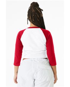 Ladies' Micro Ribbed 3/4 Raglan Baby Tee - WHITE / RED - XS | Bella + Canvas Women's Micro Ribbed 3/4 Raglan Baby Top in White/Red Size XS | Cotton/Polyester Blend White Stretch Top With 3/4 Sleeve, White Fitted Top With 3/4 Sleeves, Red Fitted Half Sleeve Top, Red Long Sleeve Cotton Crop Top, Baby Top, Sustainable Manufacturing, Black White Red, Heather Black, Baby Tee