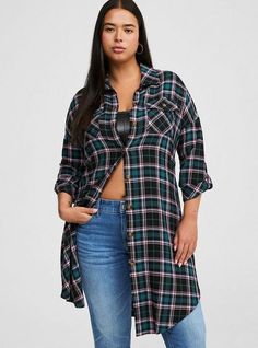 FIT Model is 5'8” wearing size 1. . Measures 46” from shoulder (size 2). Oversized silhouette. . MATERIALS + CARE Flannel gauze woven fabric. . 75% rayon, 23% polyester, 2% spandex. Machine wash cold. Tumble dry low. . Imported. DETAILS Collared neckline. Long sleeves. The best plus size women's Flannel Gauze Oversized Shacket Outerwear in carlie plaid deep black made of flannel. Torrid is your destination for cozy fall and winter clothes to keep you warm and comfortable. Black Beachwear, Womens Utility Jacket, Kimono Shrug, Oversized Shacket, Teal Plaid, Kimono Wrap, Flannel Women, Summer Lookbook, Oversized Silhouette