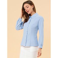 Feel confident flaunting your classic, yet edgy style in this classic peter-pan-collar office shirt. It features the front buttons, long puff sleeves, a Peter Pan collar, and the princess line. his button-up shirt is a polished piece for the weekend and workdays alike. This classic shirt is a regular fit, and that's how this one perfects the beloved staple. It is stylish and is a perfect choice for an office outfit. Fitted Long Sleeve Office Shirt, Elegant Single Breasted Shirt For Office, Fitted Long Sleeve Shirt For Office, Fitted Long Sleeve Shirt For Professional Wear, Office Lady Business Casual Shirt With Button Closure, Long Sleeve Office Shirt With Back Button Closure, Classic Lapel Collar Blouse For Office, Classic Blouse With Lapel Collar For Office, Single-breasted Solid Shirt For Work