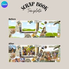 the scrap book template is shown with different pictures and words on it's side