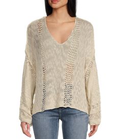 From Angie&#x2C; this sweater features: V-neckLong sleevesPullover stylingAcrylicHand wash cold/lay flat to dryImported. Open Weave, Dillard's, Long Sleeve Pullover, Pullover Sweater, Pullover Styling, Lay Flat, Pullover Sweaters, Sweater Top, Knit Top