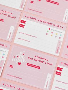 valentine's day coupons laid out on a pink background