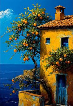 an orange tree in front of a yellow building with blue water and clouds behind it