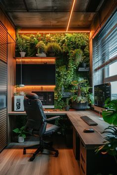 an office with plants growing on the wall